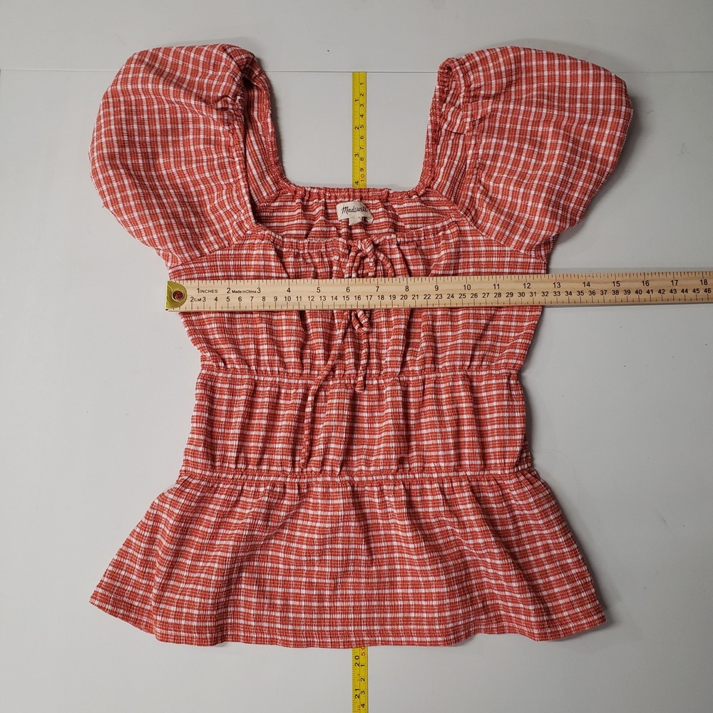 Madewell Red White Gingham Square Neck Puff‎ Sleeve Peplum Top XS Peasant Boho - Picture 3 of 5